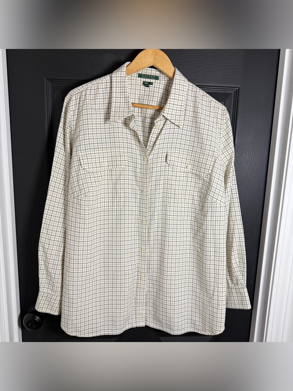 Ralph Lauren Cream Button-Down Shirt with Black Grid